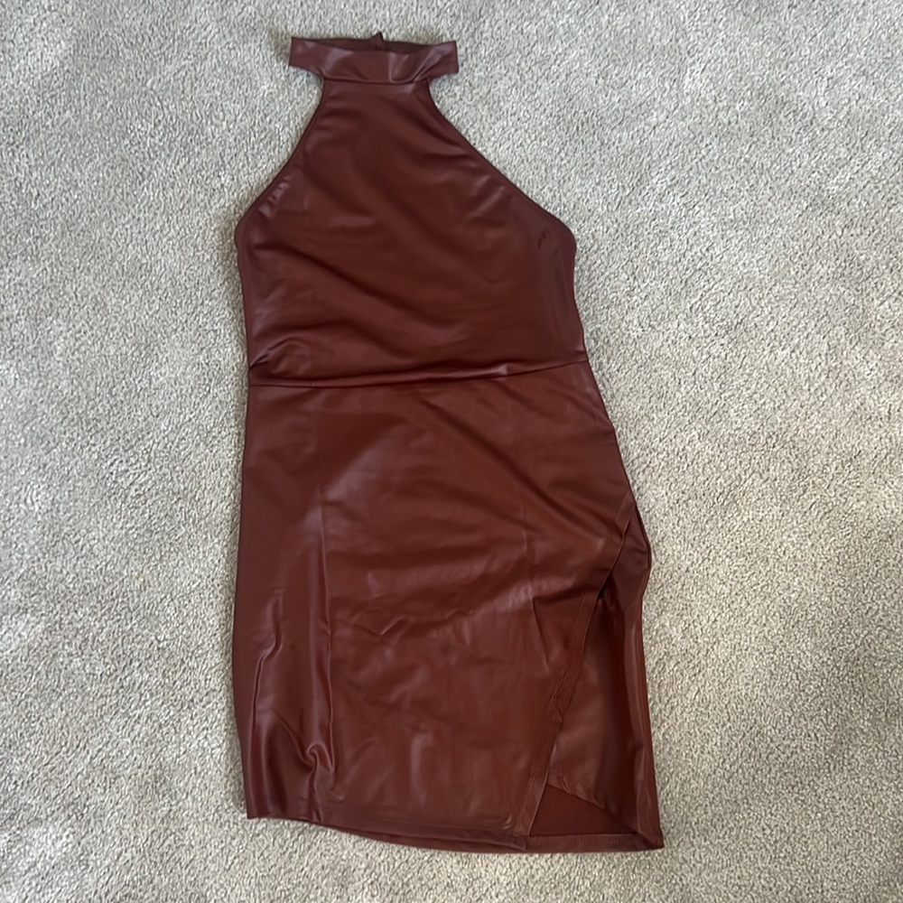 Brown Faux-Leather Halter Mini Dress - Picture 4 of 6